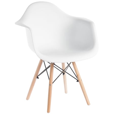 Mid-Century Modern Style Plastic DAW Shell Dining Arm Chair With Wooden Dowel Eiffel Legs, White